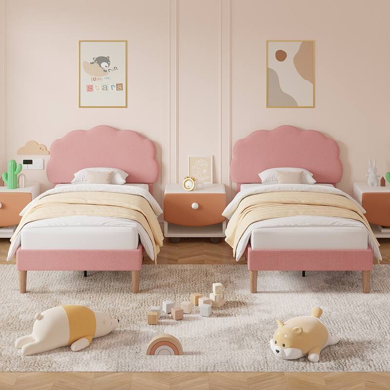 Twin Size Bed Frames with Adjustable Teddy Fleece Headboard, Upholstered Platform Bed w/Slats Support