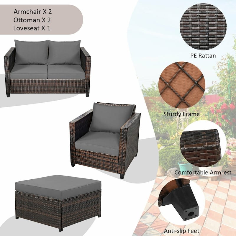 5 Pieces Patio Cushioned Rattan Furniture Set - 50" x 30.5" x 29" (L x W x H)