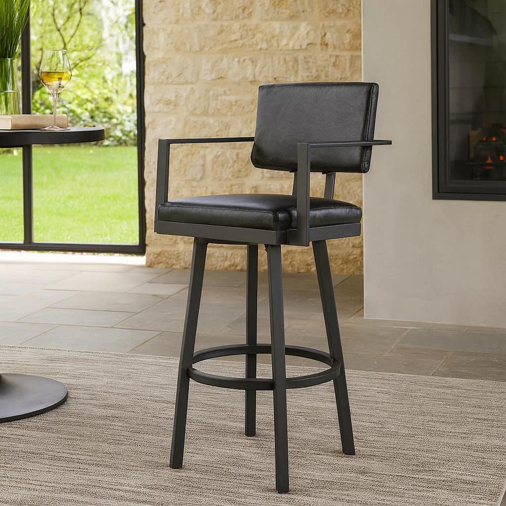 Lumbar Back Faux Leather Barstool with Stainless Steel Legs and Arms, Black