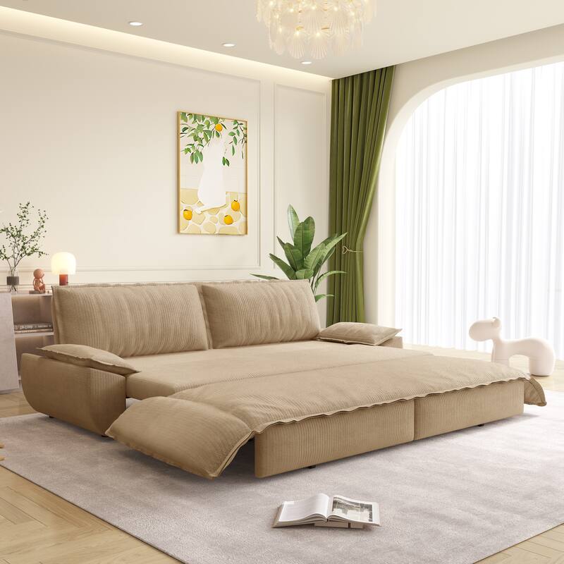 73.2" Convertible Sofa Bed, 3-in-1 Sleeper Sofa with Pull-Out Bed, Modern Corduroy Loveseat Couch with Pillow Top Arms - Camel