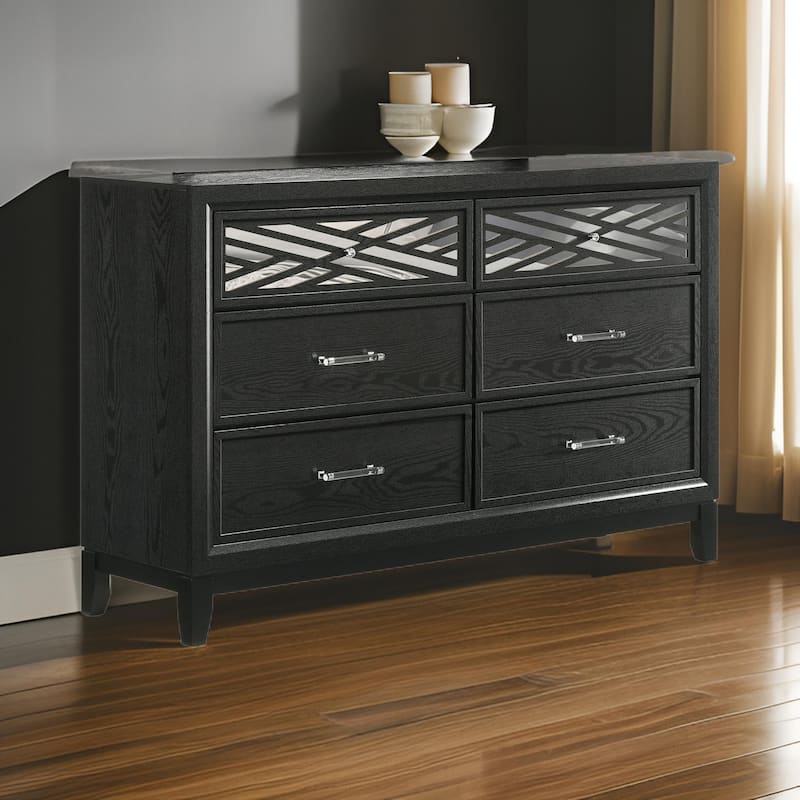 Kira 58 Inch Wide Dresser, English Dovetail 6 Drawer, Rubberwood, Black