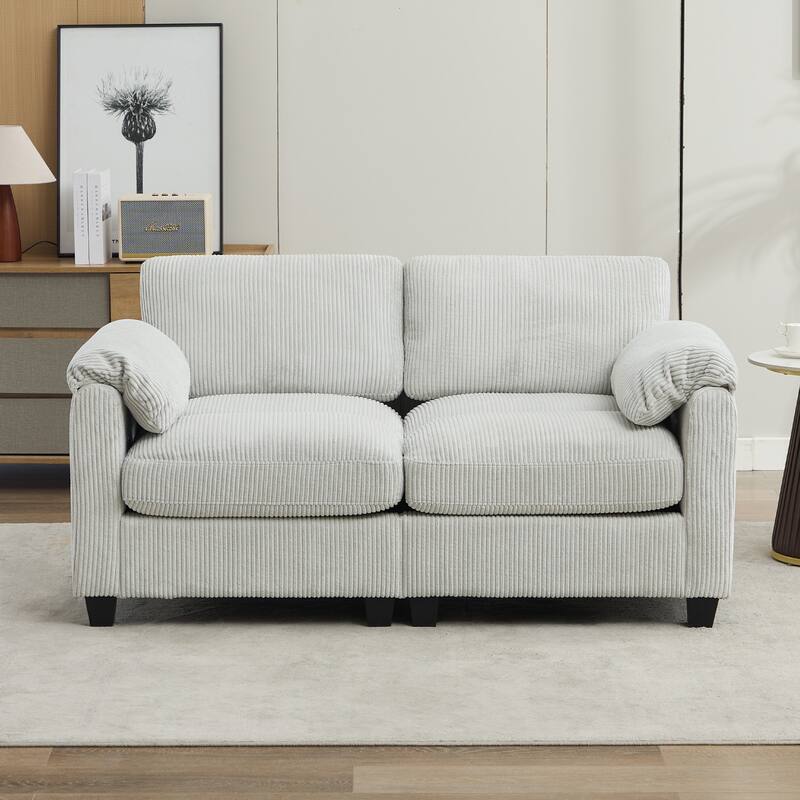 Multi-Seater Corduroy Sectional Sofa, Modular Settee, Included Removable Ottomans - Loveseats - Mist Grey