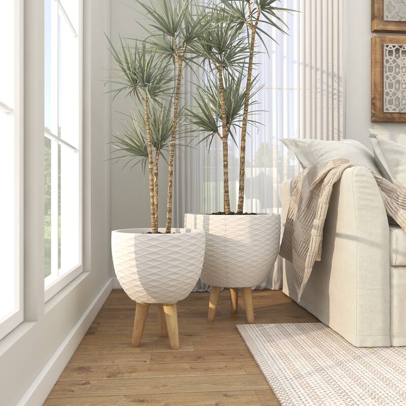 White or Gray Ceramic Indoor Outdoor Planter with Wood Legs (Set of 2)