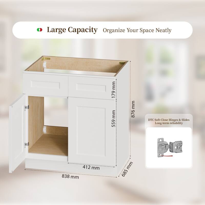 33" Solid Wood Shaker Sink Base Cabinet, White, 24" Deep, 2-Door Cabinet for Kitchen or Bathroom (Countertop Not Included)