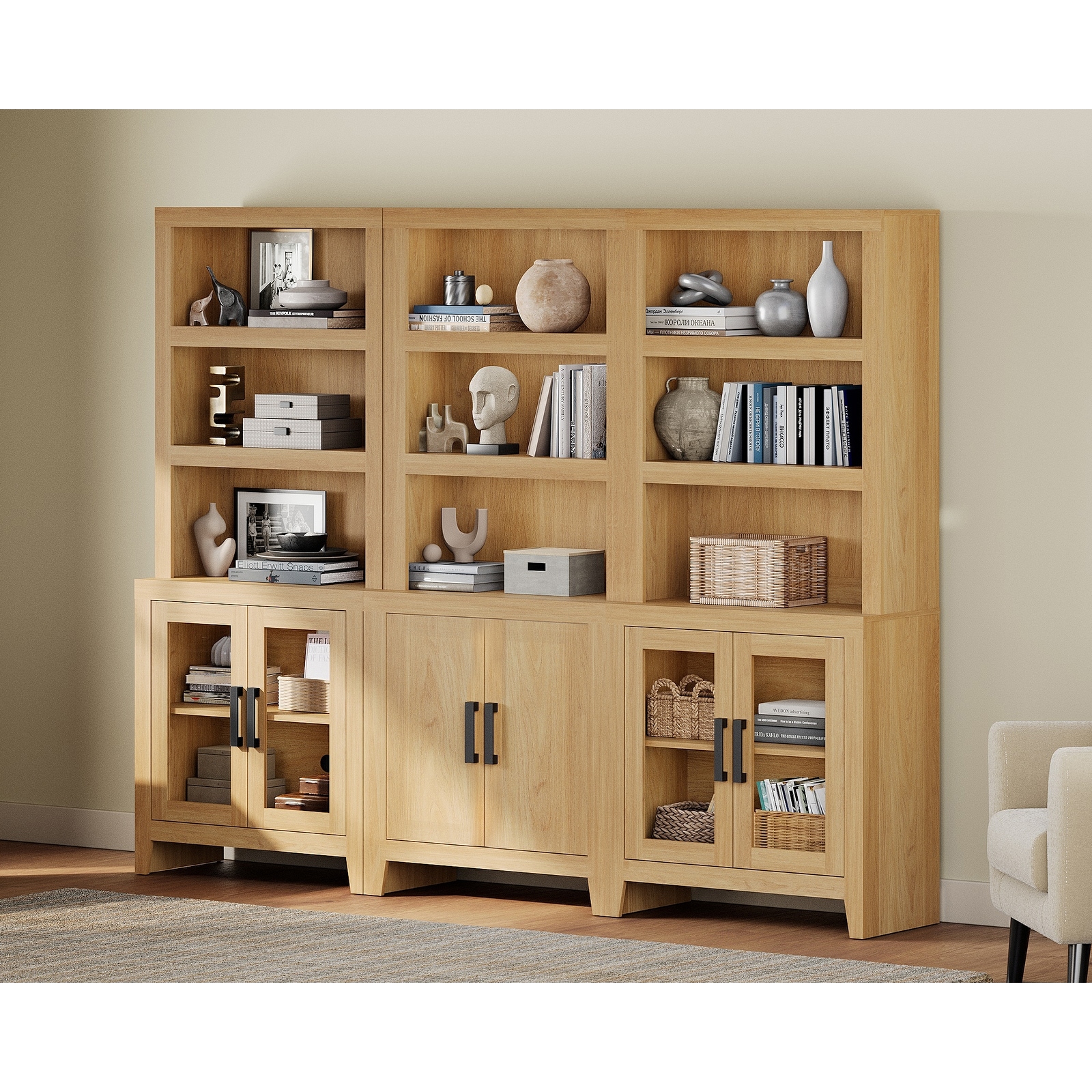 WAMPAT 74" Tall Bookshelf with Glass Doors, Farmhouse Bookcase with Open Shelves