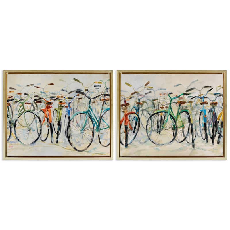 Stupell Dynamic Bicycles on Beige Framed Floater Canvas Wall Art Design By Dusza (Set of 2) - 21 x 17 - Gold