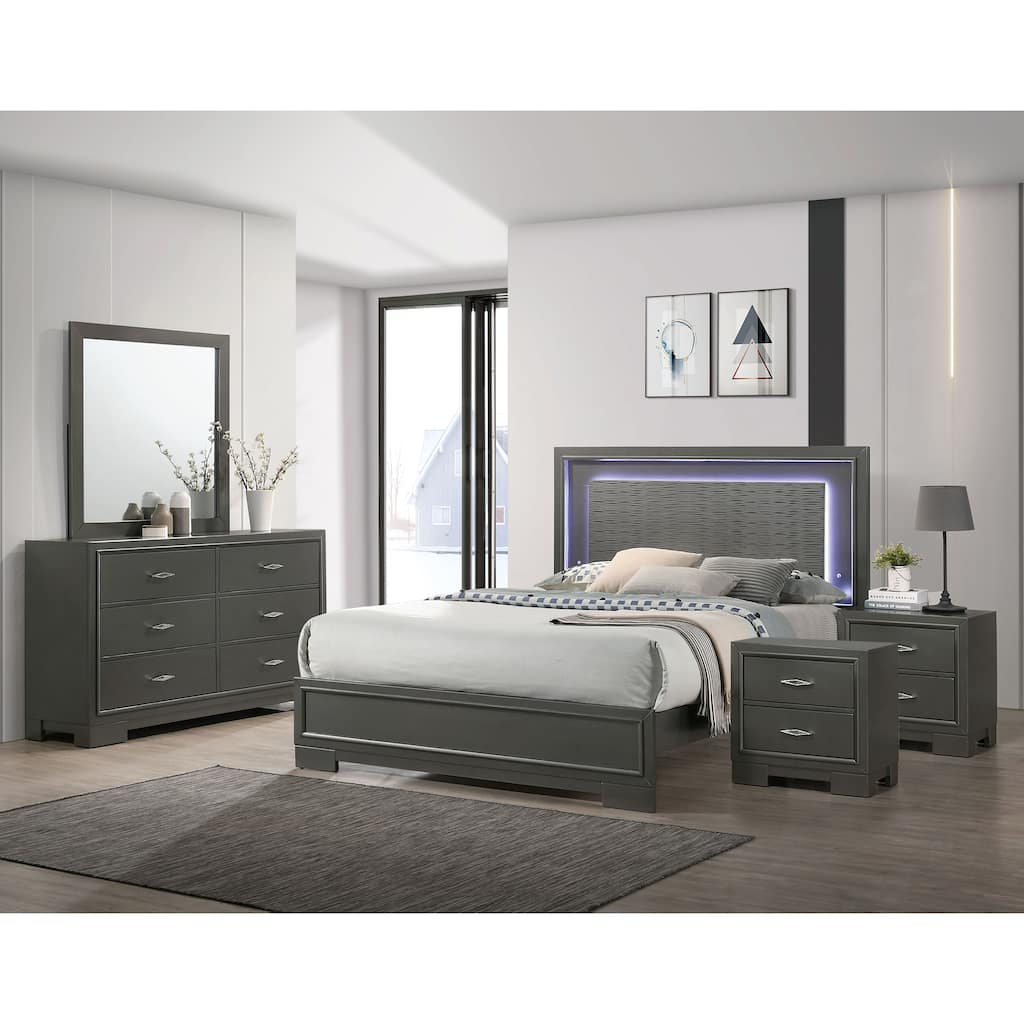 Furniture of America Lalt Modern 5-Piece Metallic Grey Wood Panel Bedroom Set with LED Light
