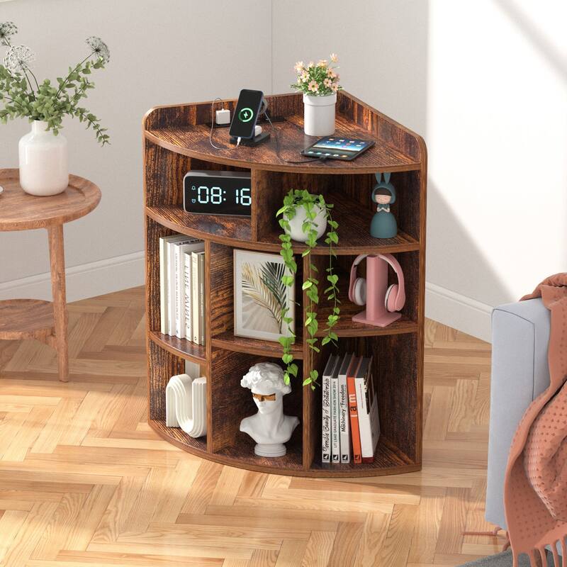VECELO 4-Tier Adjustable Corner Bookshelf with Charging Station 3 AC Outlets & 2 USB Ports Waterproof Eco-Friendly Design