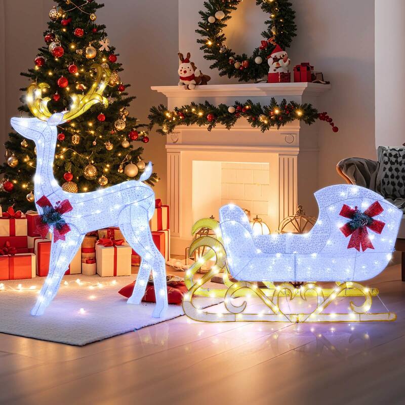 Costway Lighted Christmas Reindeer and Sleigh with 215 White LED - See Details