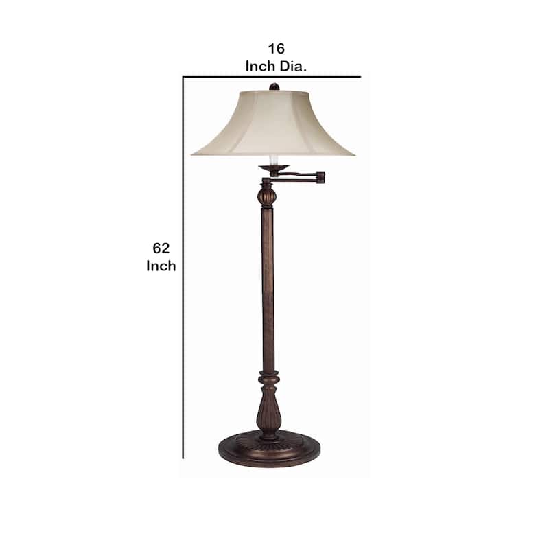 Swing Arm Metal Body Floor Lamp with Fabric Bell Shade, Bronze and Beige
