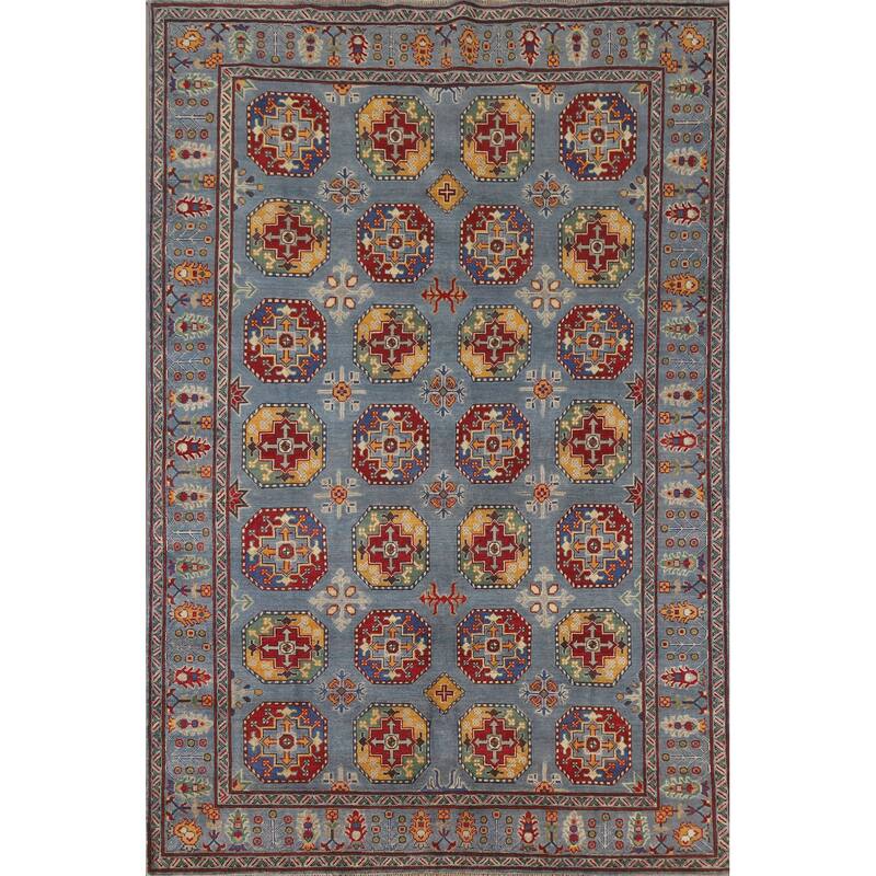 Hand Knotted Oriental 100% Wool Carpet Traditional All-Over Navy Blue & Blues Kazak Area Rug - 9' 8'' X 6' 9''