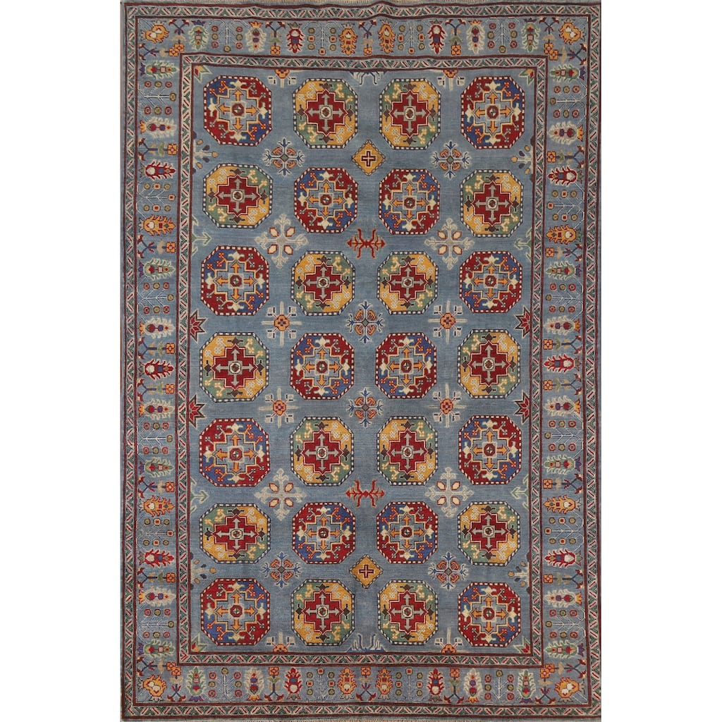 Hand Knotted Oriental 100% Wool Carpet Traditional All-Over Navy Blue & Blues Kazak Area Rug - 9' 8'' X 6' 9''