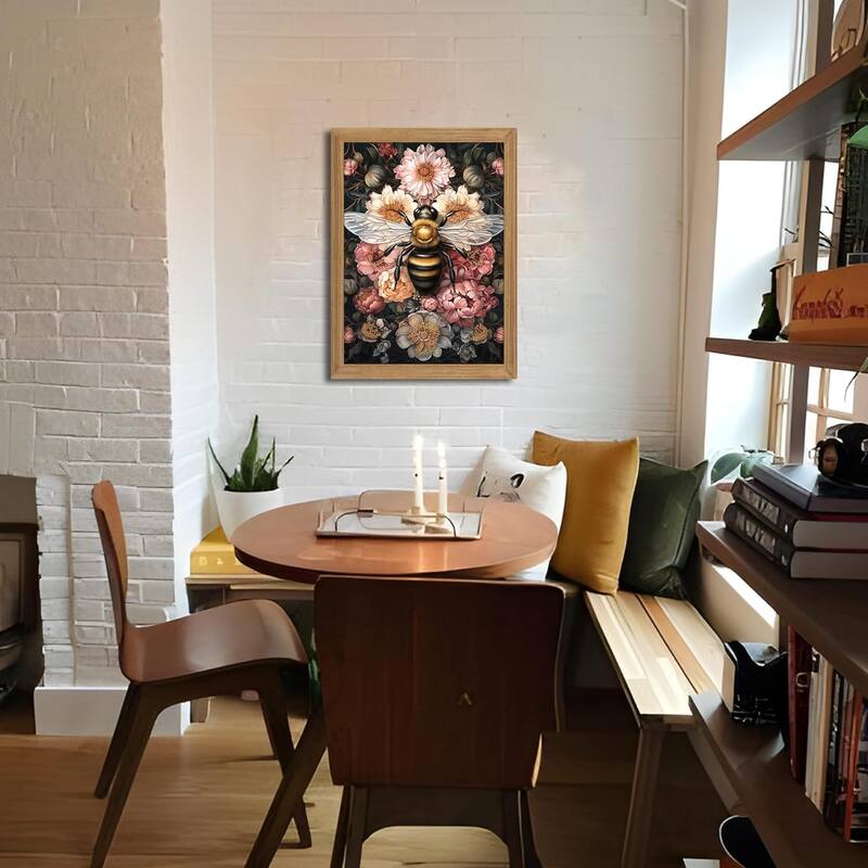 Framed Vintage 3D Textured Wall Art - Dark College Bee Flowers
