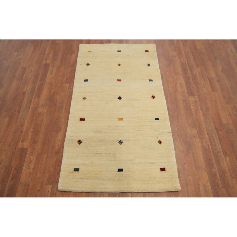 Hand Knotted Oriental 100% Wool Carpet Tribal Modern Beige & Ivories Gabbeh Area Rug - 5' 5'' X 2' 11''