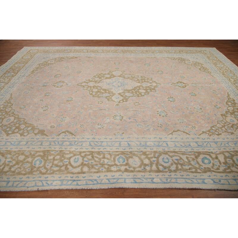 Hand Knotted Oriental 100% Wool Carpet Traditional Floral Pink Mashad Area Rug - 12' 9'' X 9' 5''