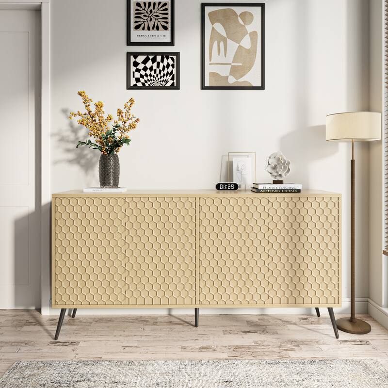 Modern Honeycomb Storage Cabinet Sideboard with Two-Tone Finish, Entryway Accent Cabinet with Adjustable Shelves