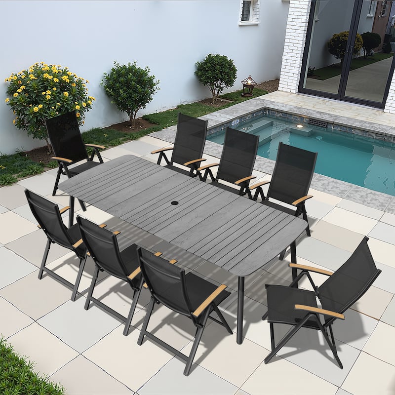 7/9PC Patio Dining Table Rectangular Aluminum Outdoor Table with Folding Chairs - 92.9in-GreyTable-9PC