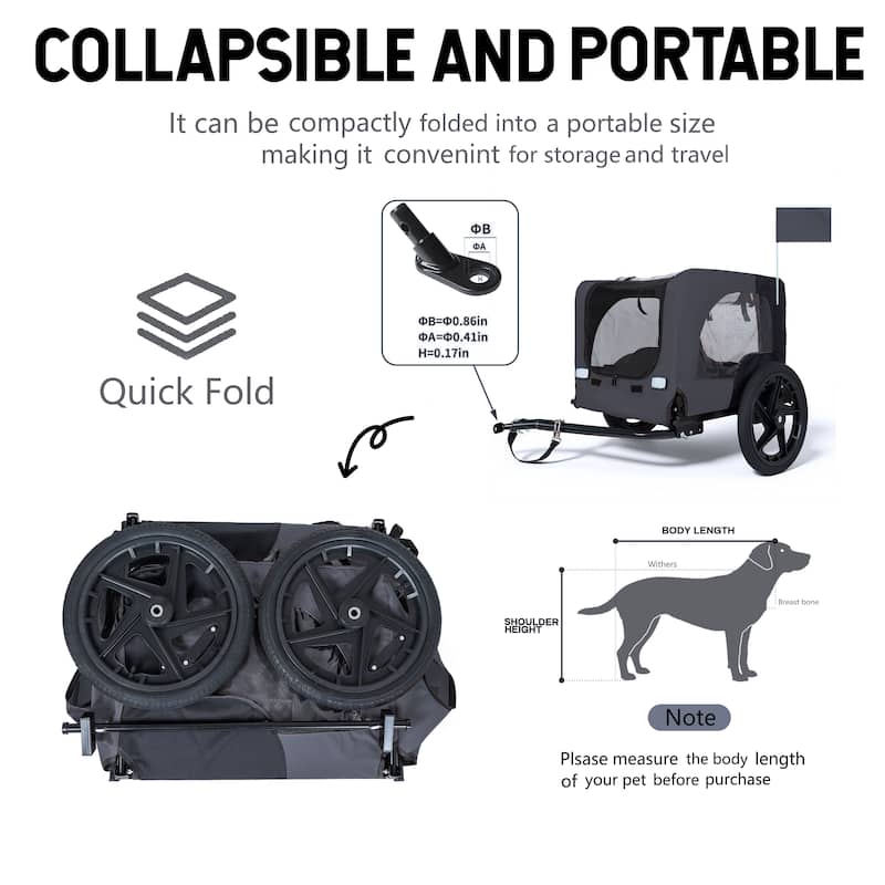 Heavy Duty Collapsible Pet Bike Trailer with 16" Wheels, Foldable Dog Bicycle Carrier Cart with Hitch & Reflectors