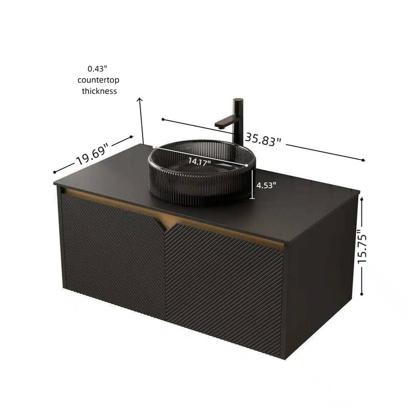 30"/36"/48" Floating Bathroom Vanity with Vessel Sink, Wall Mounted Sintered Stone Countertop Bathroom Storage Cabinet