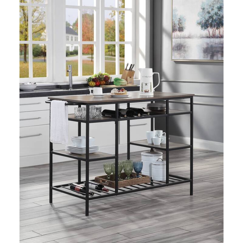 Modern Rustic Kitchen Island with 6 Storage Compartments, Black Metal Frame & Oak Veneer Top - 47 Inch - Black,Oak