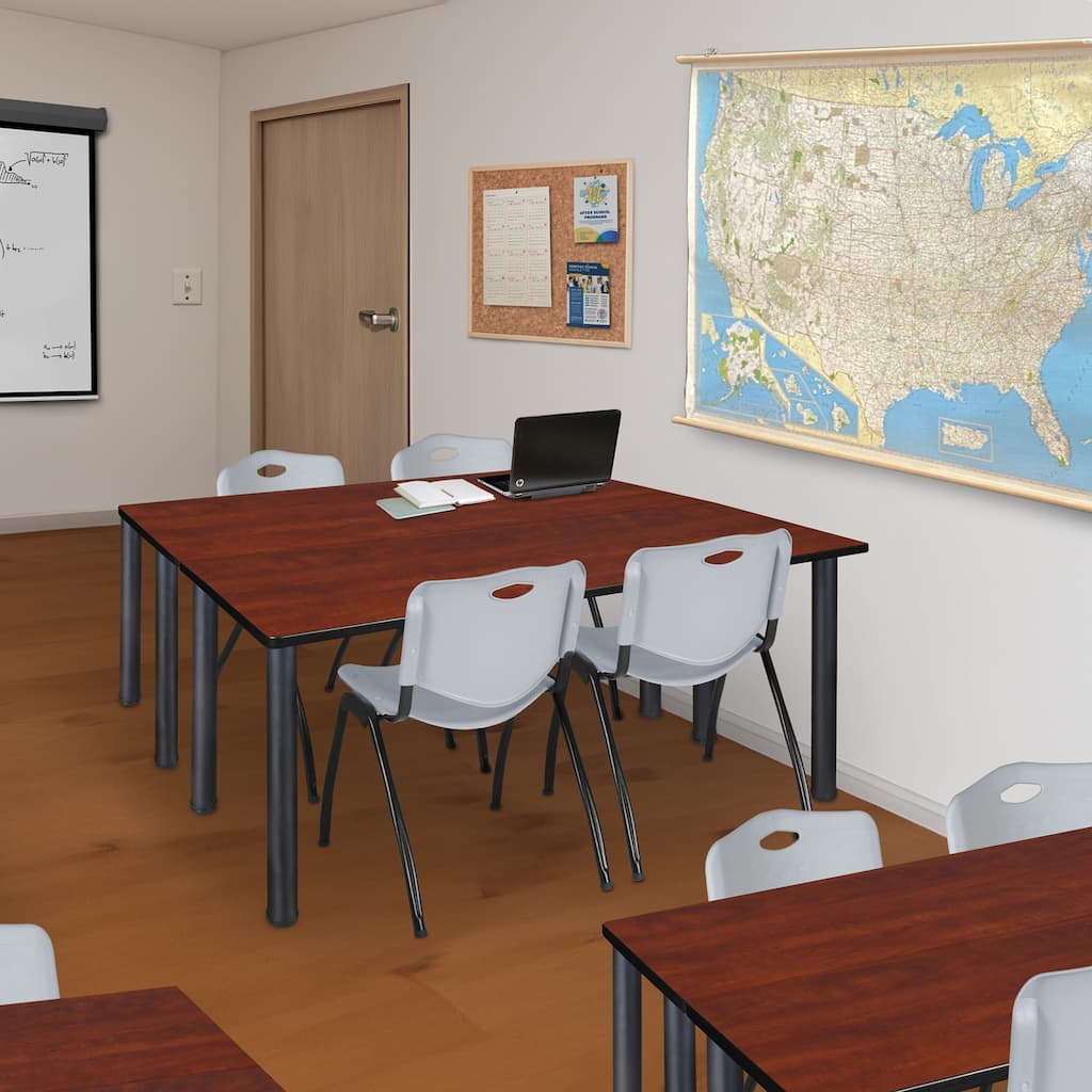 60" x 24" Kee Training Table- Cherry/ Black & 2 'M' Stack Chairs- Grey