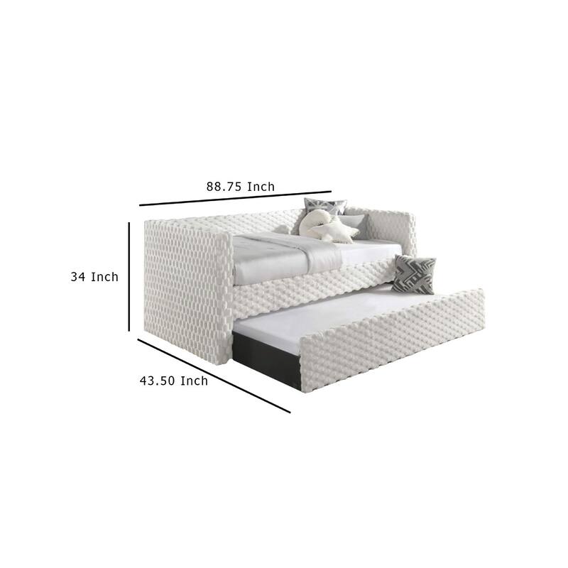 Lya Daybed w Pull Out Trundle, Textured Tufted White Dove Upholstery
