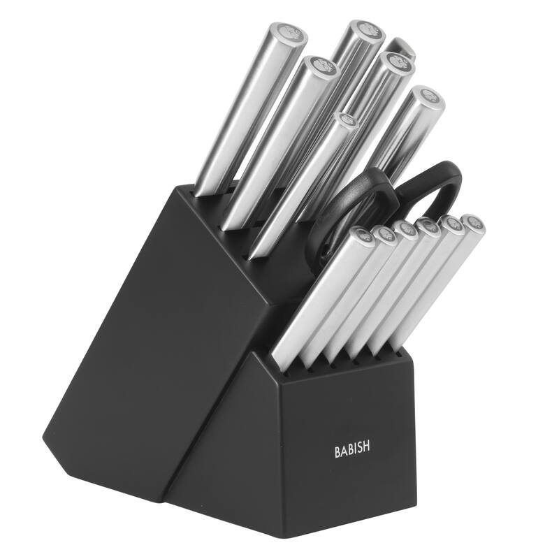 Babish High-Carbon 1.4116 German Steel 15 Piece Full Tang Forged Cutlery Block Set - Black - Silver
