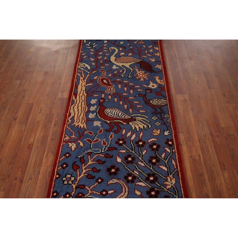 Animals Design Blue Ziegler Oriental Runner Rug Handmade Wool Carpet - 2'7"x 9'11"
