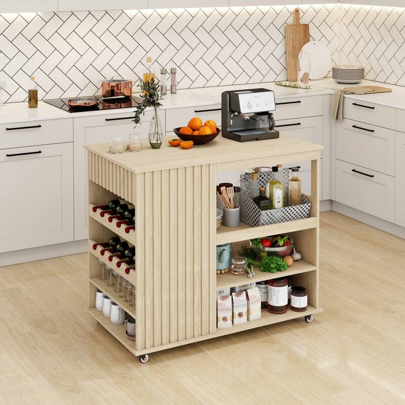 Kitchen Island Cart Serving Trolley Wine Rack Credenza Tableware Cabinet - Natural