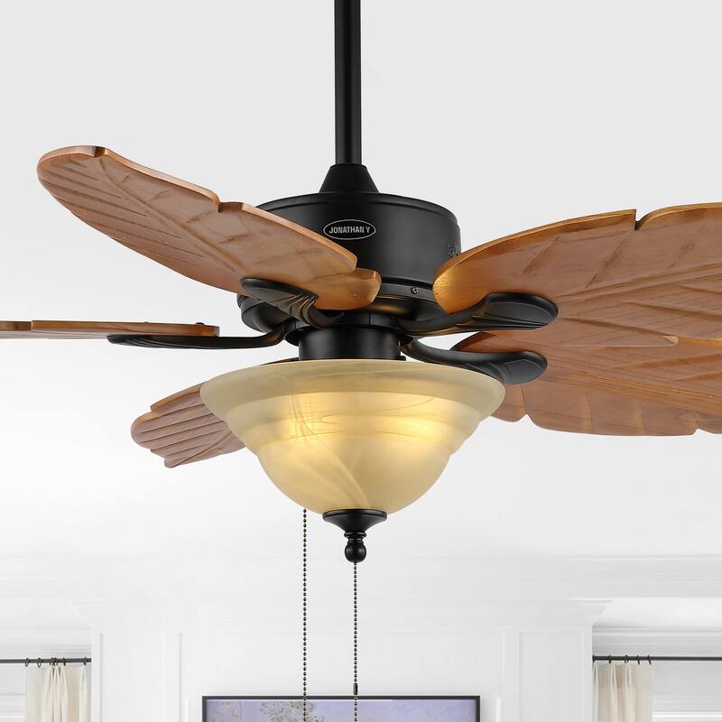 Owen 52" 3-Light Coastal Bohemian Iron/Wood Palm Leaf LED Ceiling Fan with Pull Chain, by JONATHAN Y - Light Brown