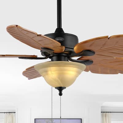 Owen 52" 3-Light Coastal Bohemian Iron/Wood Palm Leaf LED Ceiling Fan with Pull Chain, by JONATHAN Y