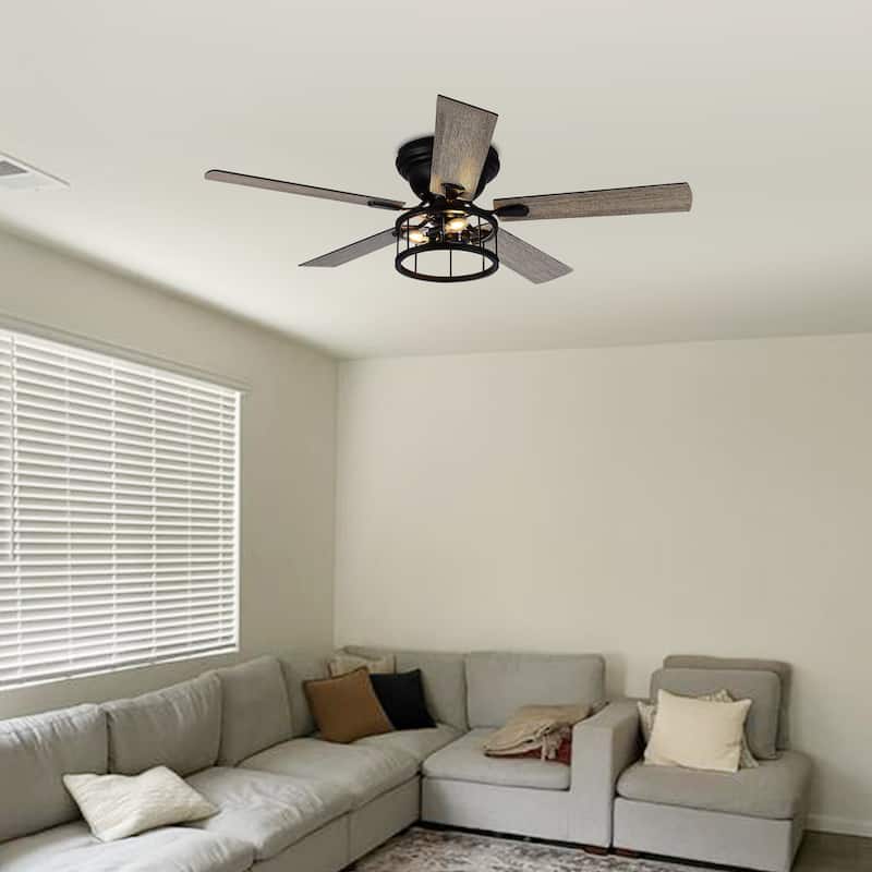 52 Inch Black Flush Mount Ceiling Fan with Lights Remote Control