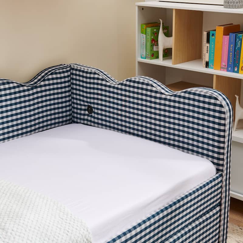 Twin Size Gingham Linen Upholstered Daybed with 2 Storage Drawers, USB Charging Station & Waved Arms