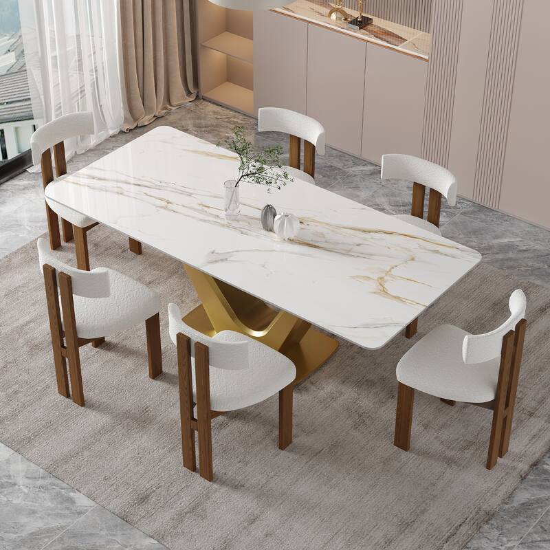 71'' Modern Rectangular Dining Table for 6, White Glossy Sintered Stone top with Gold Stainless Steel Legs