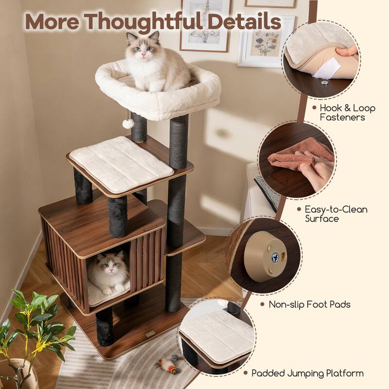 Gymax 53 5'' Tall Cat Tree for Indoor Cat Wooden Cat Tower Top Perch