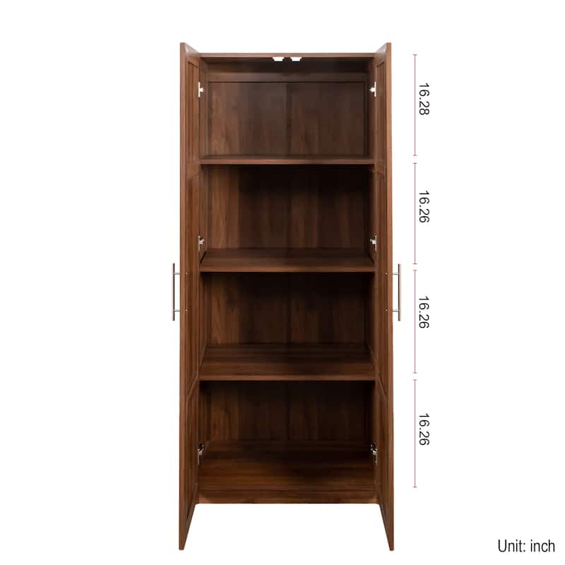 Farmhouse-Style 4-Door Pantry Cabinet – Multi-Tier Pull-Out Shelves & Built-In Organizers for Kitchen or Dining Room Storage.