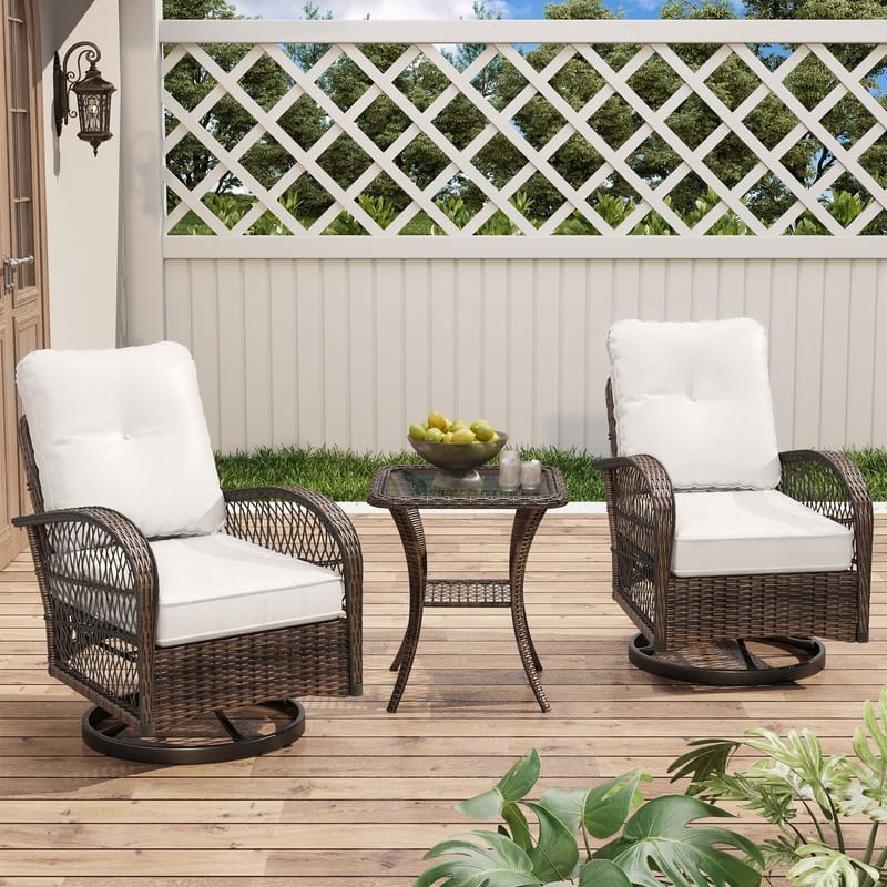 Outdoor Swivel Rocker Bistro Set - 3 Piece Wicker Patio Set with Swivel Rocking Chairs, Cushions, and Tempered Glass Side Table