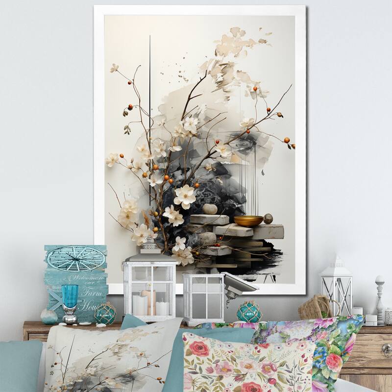 Designart "Asian Art Classics Sumi III" Asian Art Framed Wall Art Living Room - 34 in. wide x 44 in. high - White
