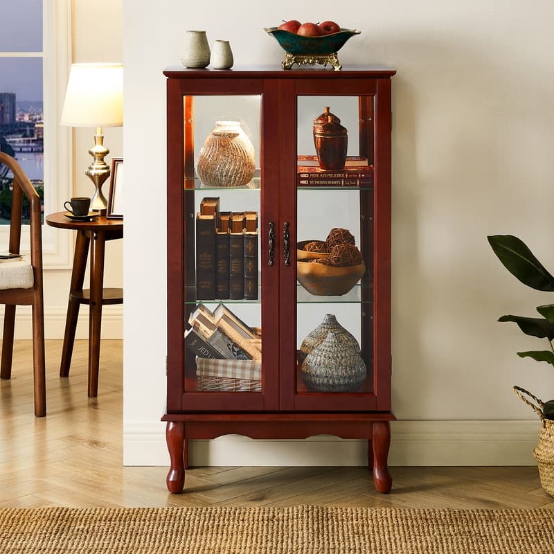 Curio Cabinet with Adjustable Shelves and Mirrored Back, Tempered Glass Doors (Cherry, 3-Layer)