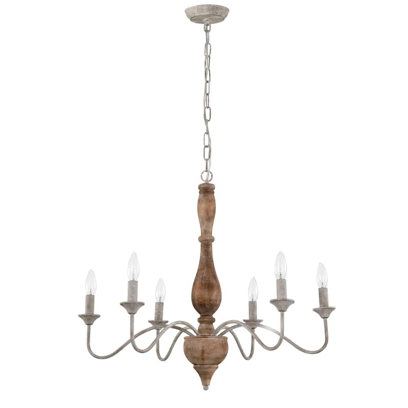 Aaren Candle Style Classic Traditional 6 Light Wood Grain Paint 28 Inch Chandelier.