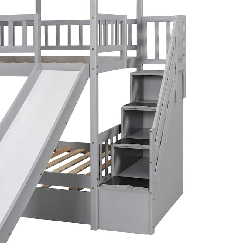 GDFStudio - Twin over Twin House Bunk Bed with Trundle, Slide & Storage Staircase