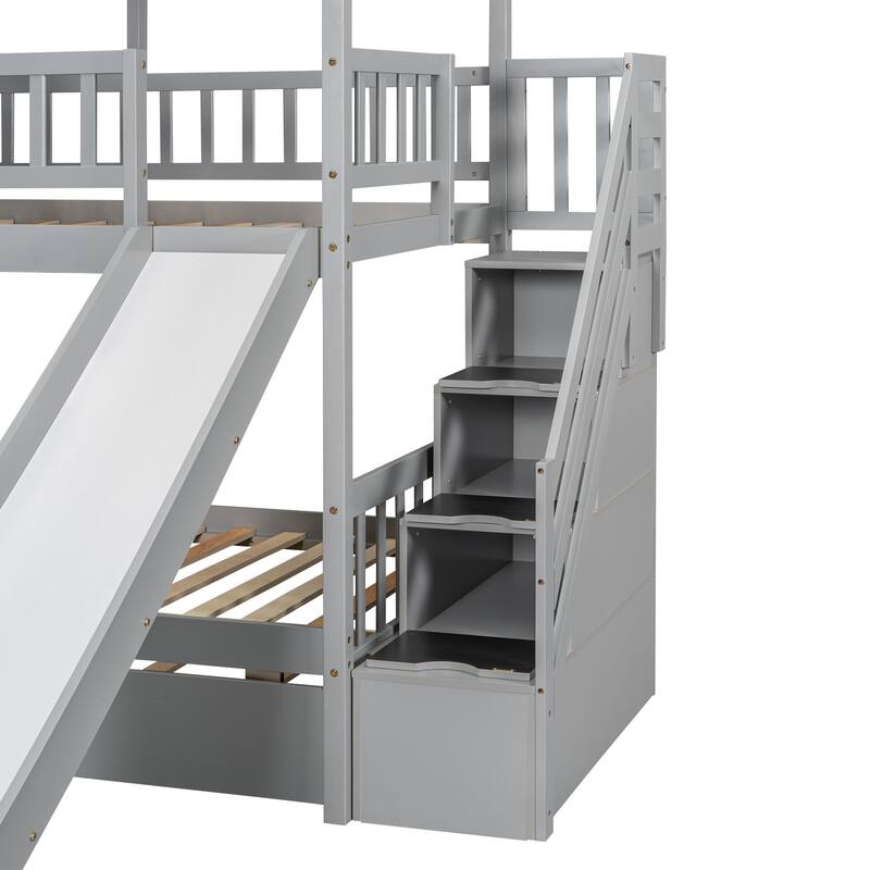 Twin over Twin Bunk Bed with Trundle, Slide, Storage Stairs, Roof and Window Design, Gray