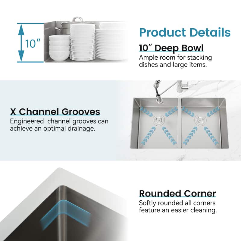 Embedded Double Bowl Kitchen Sink, Undermount Handmade Sink in Brushed (Sink only)