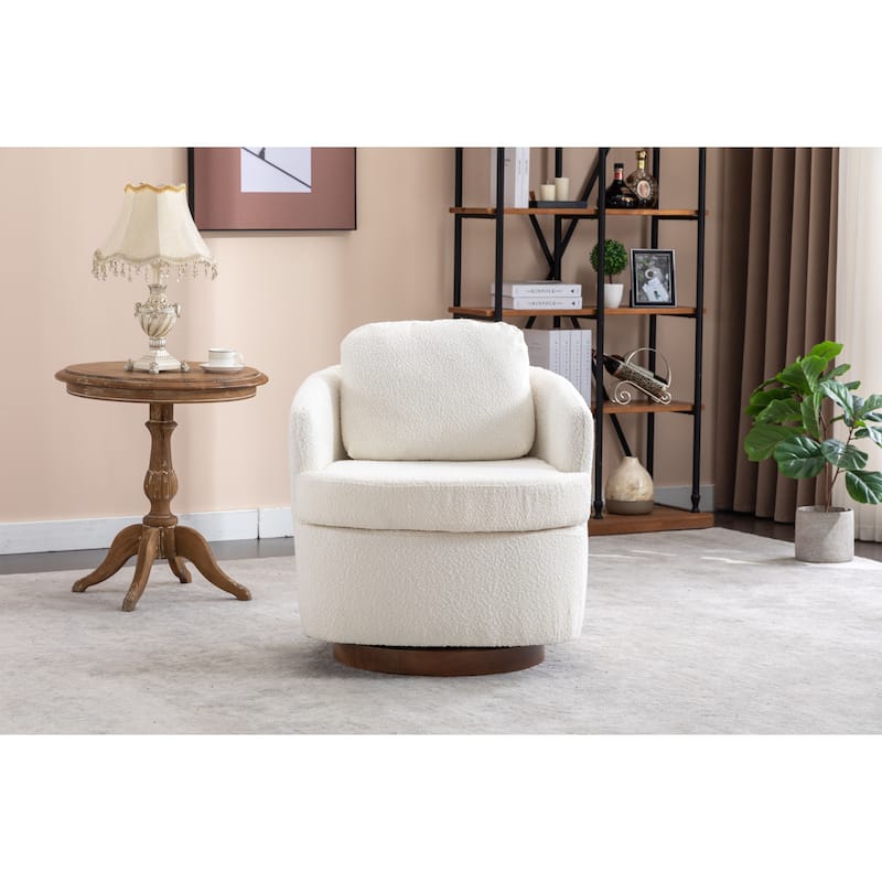 Boucle Fabric Swivel Accent Chair With Soild Wood Round Brown Base Leg
