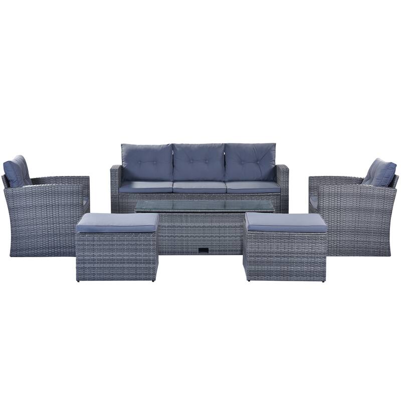 6-Pieces Outdoor Rattan Conversation Sofa Set with Coffee Table and 2 Ottoman