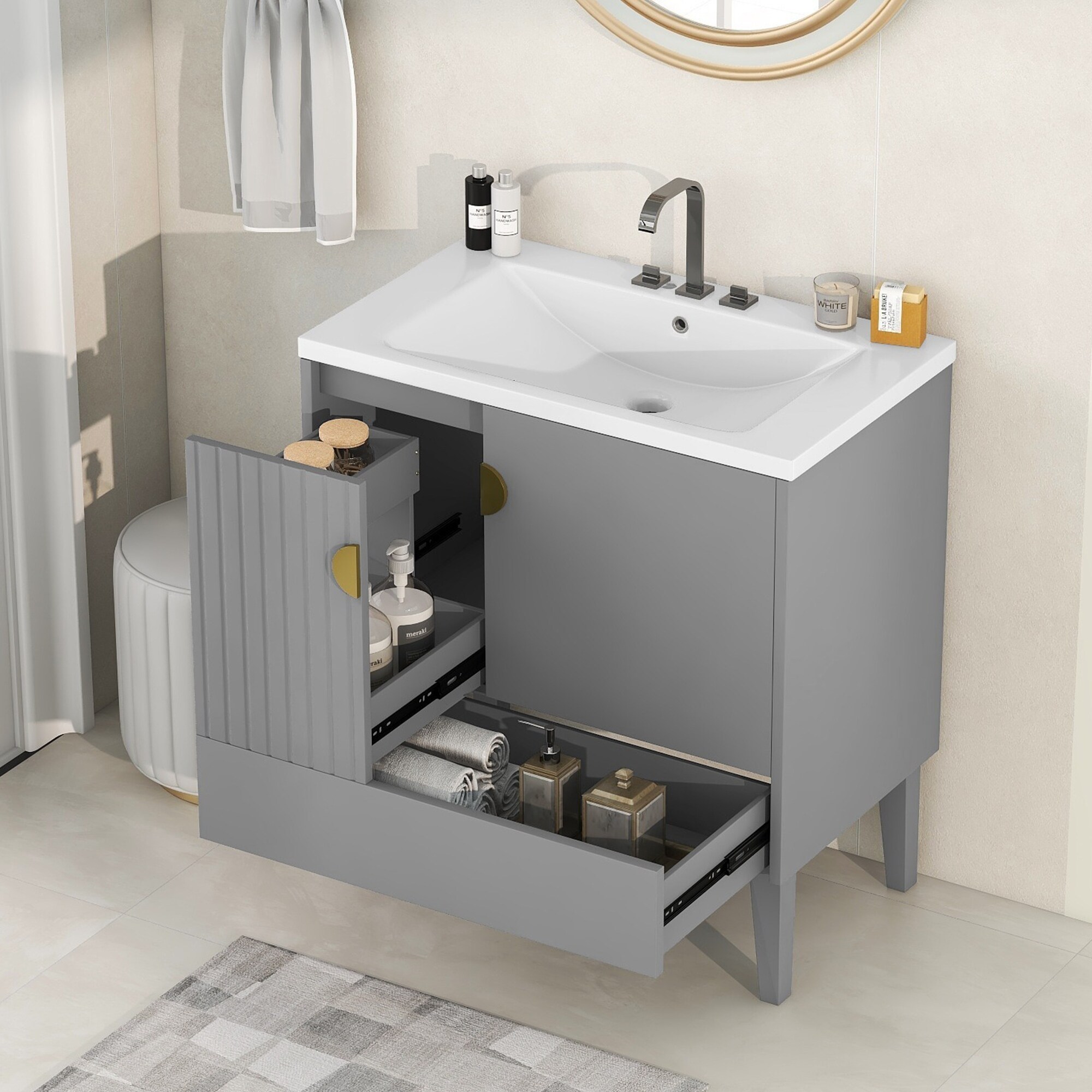 HOMCOM Under Sink Bathroom Cabinet with 2 Doors and Shelf, Pedestal Sink Bathroom Vanity Furniture, Grey, Gray