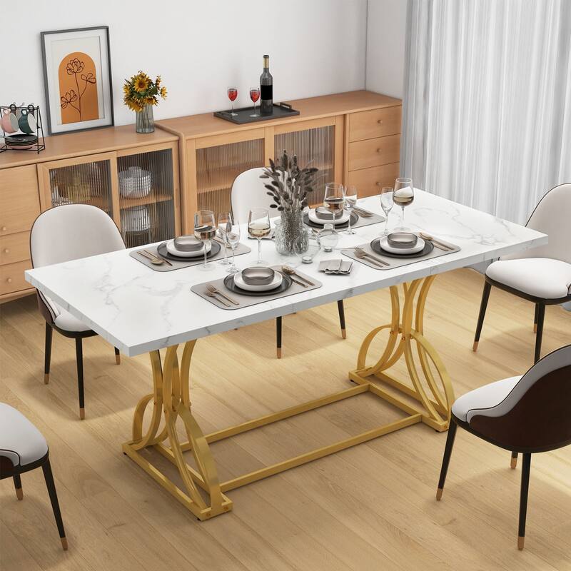 Moasis Farmhouse Rectangular Wood and Metal Dining Table for 6-8 People - White/Gold
