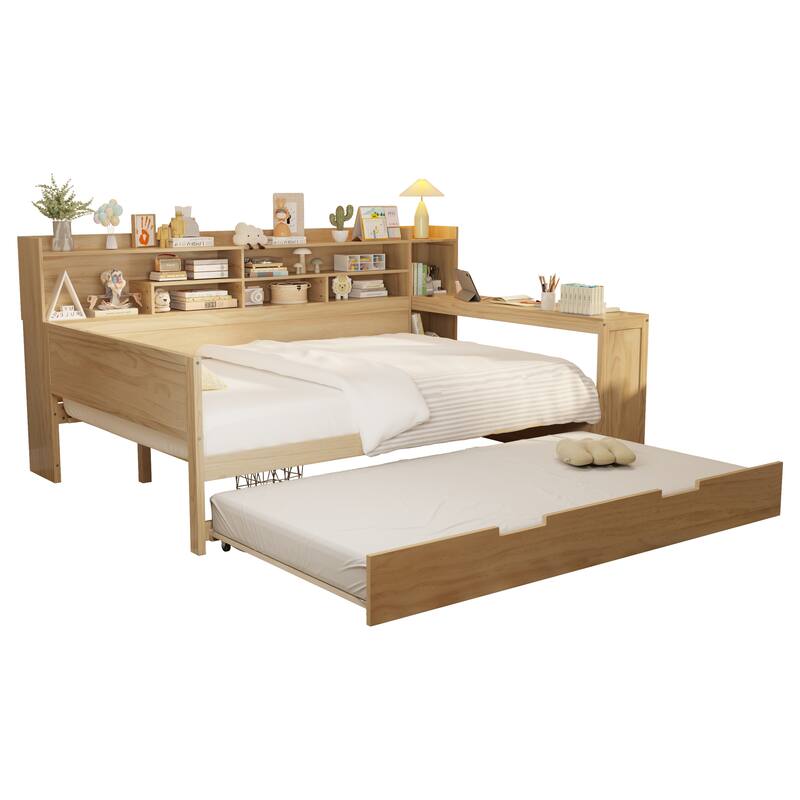 Full Size Daybed with Storage Shelves, Multi-Functional Bed with Twin Trundle and Built-In Study Desk, Space-Saving Design