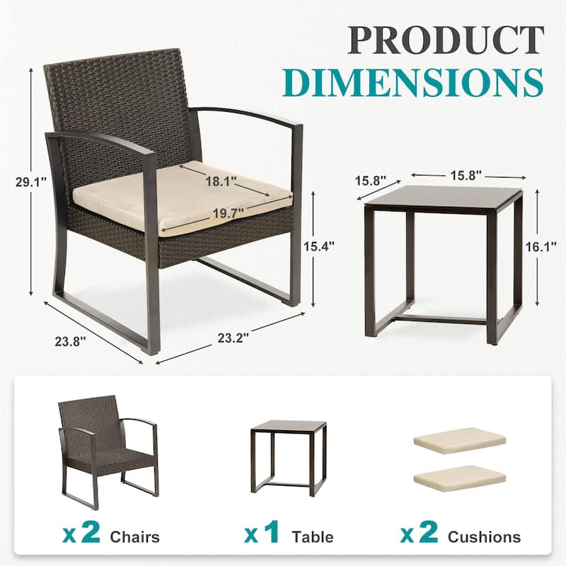 Aoodor 3-Piece Patio Furniture Set, Outdoor Rattan Wicker Chairs and Coffee Table