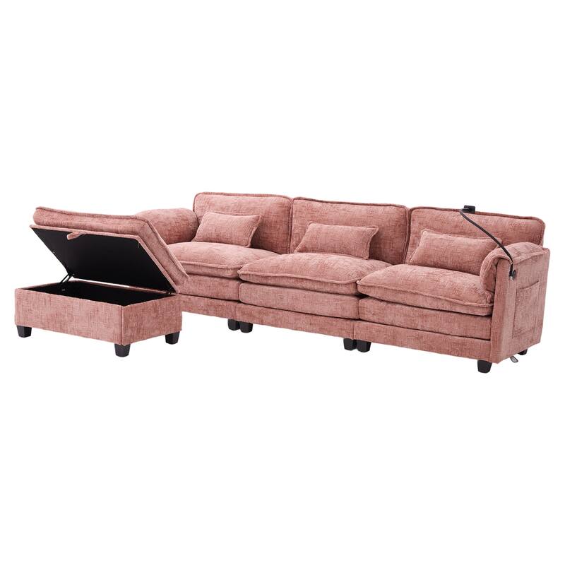 Modern Chenille Chaise Couch L-shaped Sectional Sofa with Storage Ottoman, Phone Holder, USB/Type-C Ports and Side Pockets